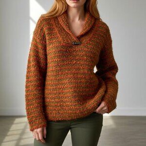 Tabask Orange Green Striped Alpaca Blend Shawl Neck Sweater Cozy Artisan Knit S